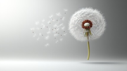 A dandelion puff dispersing seeds in a serene setting.