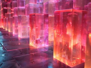 Colorful illuminated glass blocks arranged in an artistic display at night. Generative AI