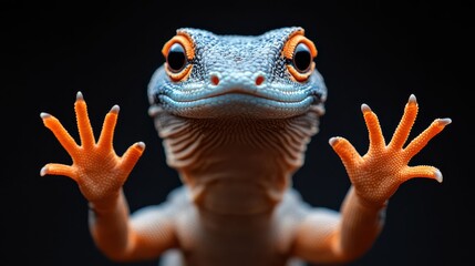 Front view of a colorful lizard with extended hands, large eyes, and detailed scales