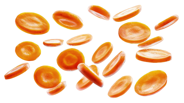 Fresh carrot slices floating isolated on transparent background