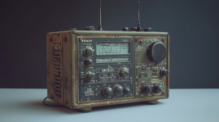 Vintage military radio receiver with worn green paint, visible controls, antennas, and a black dial.