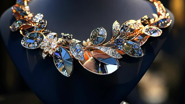 A gold and diamond necklace with a leaf motif is displayed on a black velvet background
