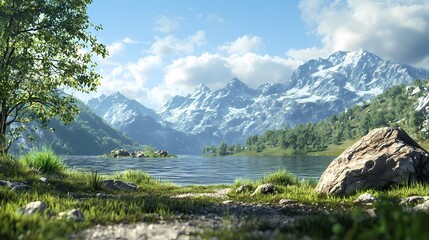 Obraz premium Tranquil Mountain Lake with Lush Greenery and Snow-capped Peaks