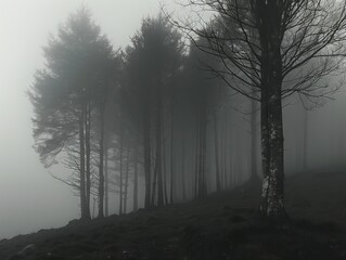 Fototapeta premium Misty forest landscape with tall trees during early morning fog. Generative AI