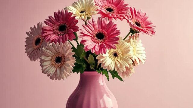 A bouquet of pink and white gerber daisies sits in a pink vase against a light pink background