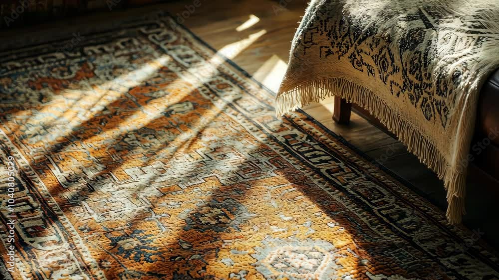 Poster sunlight streams through a window, illuminating a patterned rug in a room