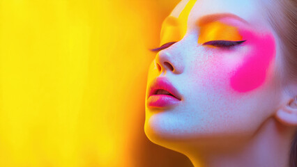Illustration of a colorful woman with her head tilted slightly upwards. Her eyes are closed, and her face is splashed with colors of yellow and pink. Bright yellow background with copy space.