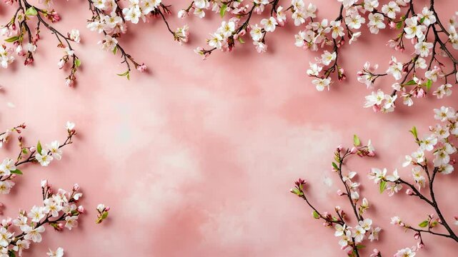 White cherry blossoms frame a pink background, creating a delicate and elegant springtime scene