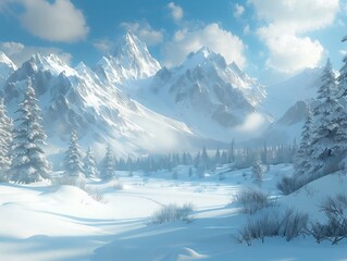 Snowy mountain landscape with tall peaks and winter trees under a blue sky. Generative AI