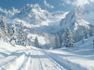 Fototapeta premium Scenic winter landscape with snow-covered mountains and pine trees in daylight. Generative AI