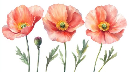 Watercolor painting of three pink poppy flowers with green leaves and a bud on white background.