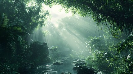 Sunbeams Illuminating a Jungle Creek