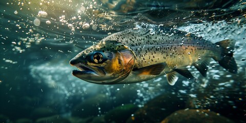 A rainbow trout swimming gracefully underwater in a clear, tranquil river. Generative AI