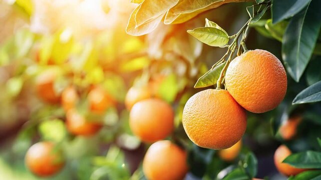 Ripe oranges hang from a tree branch in a sunny orchard