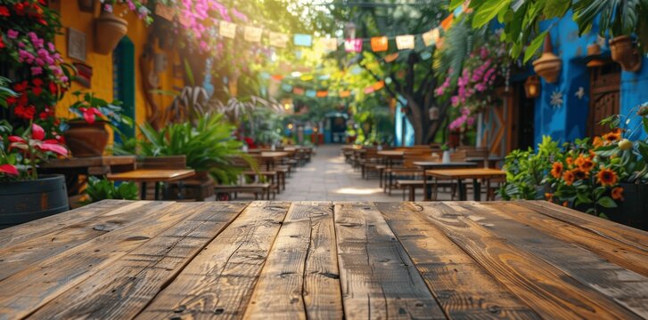 Empty Wooden Table Top for Product Display at Mexican Fiesta with Colorful Flags and Decorations in Open-Air Cafe Celebrating Cinco de Mayo