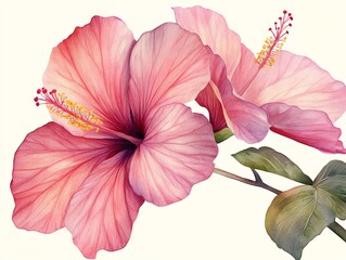 Two pink hibiscus flowers with green leaves against a white background, rendered in a watercolor style.