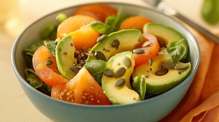 Vegetarian concept. A bowl of mixed vegetables including tomatoes, avocado, and spinach