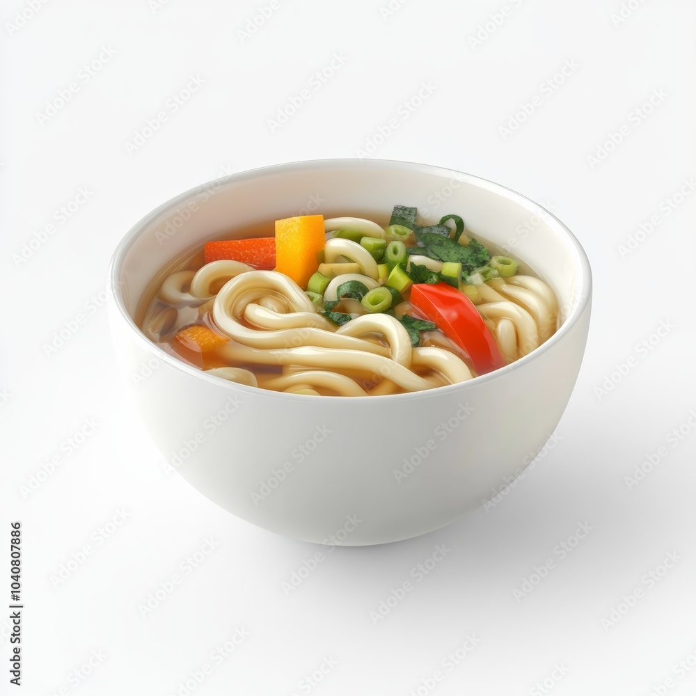 Poster minimalist 3d rendering of a bowl of udon noodles with vegetables, isolated on a white background