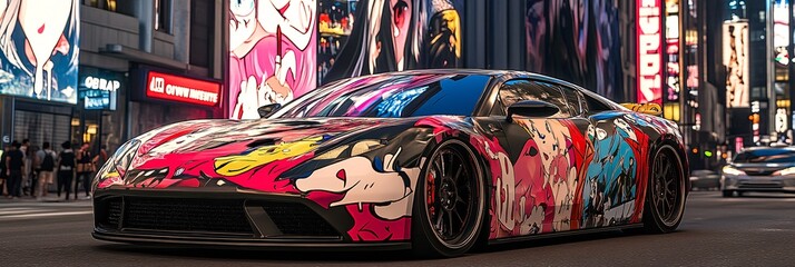 car wrap design, famous anime characters and scenes seamlessly integrated into urban cityscape, vibrant colors, dynamic composition, glossy finish, photorealistic rendering, 3D effect, flowing lines, 