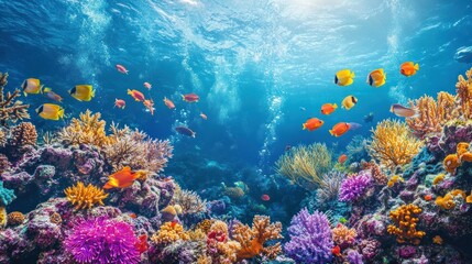 A vibrant underwater scene with colorful coral reefs and fish swimming in the clear blue water.