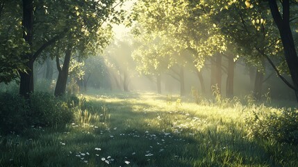 Obraz premium Sunlight Filtering Through a Misty Forest Clearing