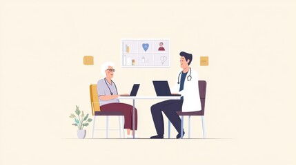 A healthcare worker conducting a telehealth consultation with an elderly patient at home, using a laptop for remote medical check-up, Digital style