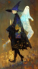 Fototapeta premium Whimsical Witch and Glowing Ghost in Enchanted Night Scene – Vibrant Halloween Fantasy Art with Mystical Blue and Golden Hues, Candlelight, and Magical Atmosphere 