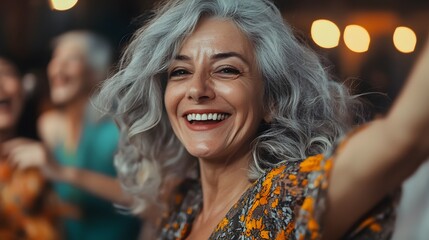 Fototapeta premium gray haired woman smiling, feeling carefree, relaxed and happy, dancing and listening to music, having fun at a party. 