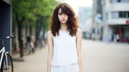 Fototapeta premium A stunning girl strolls through the city streets, showcasing her stylish dress against an urban backdrop.