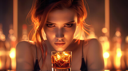 A stunning young woman serves drinks with grace, enhancing the vibrant atmosphere of the lively casino night club.