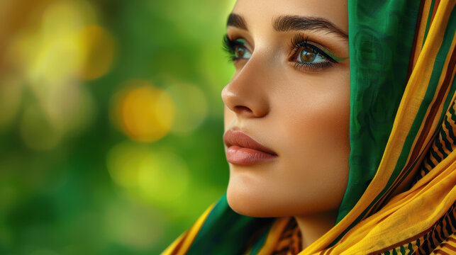 A lovely young woman in a vibrant headscarf gazes thoughtfully into the distance amidst a serene outdoor setting.