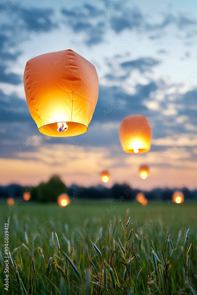 Poster captivating evening sky floating lanterns illuminate the twilight over a serene field