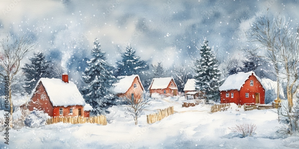 Sticker Charming watercolor painting of a snowy Christmas village with cozy houses and frosty trees under a winter sky