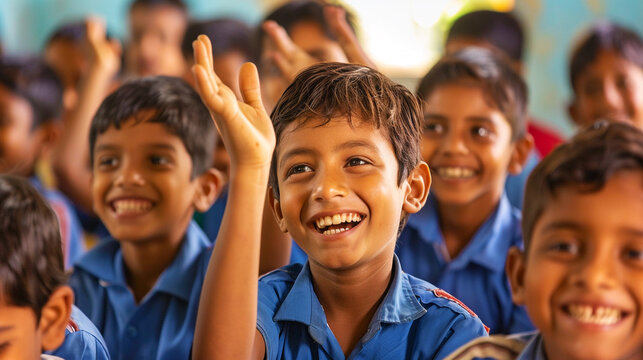 Motivated, smiling primary school children..