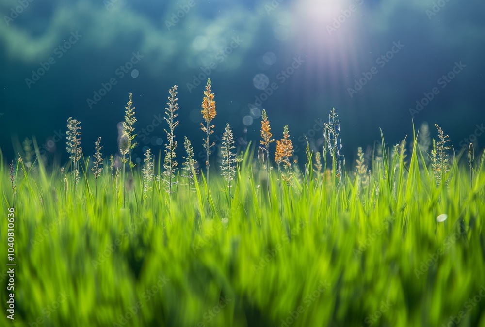 Sticker A field of tall grass with a sun shining through it. AI.