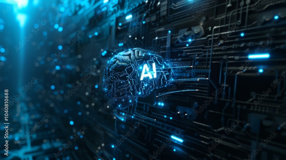 Poster a computer with a brain on it and the word artificial intelligence. ai.