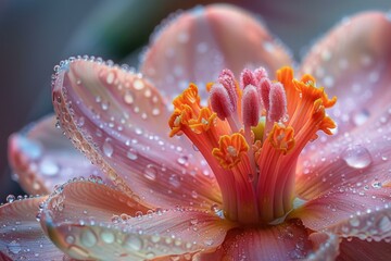 Fototapeta premium A pink flower with water droplets on it. Generative AI.