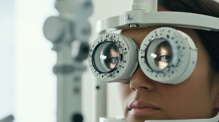 A healthcare worker conducting a vision test on a patient in an eye clinic, with an eye chart in the background, Clinical style