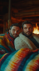 Obraz premium a gay couple relaxing together on a couch with a blanket by the fireplace during winter, sharing love and affection