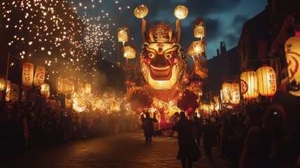 Majestic Giant Puppet Parade in City Streets at Night