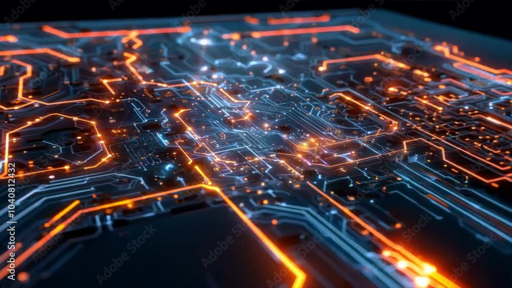 Poster vibrant and intricate circuit board design with glowing orange and blue lines, showcasing complexity