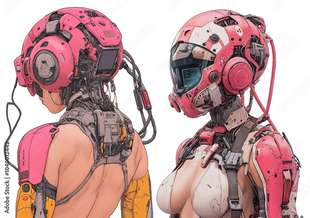 Poster futuristic cyberpunk female character with sleek design, featuring pink robotic suit and advanced te