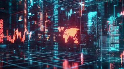 Abstract Digital World Map with Data and Code Visualization