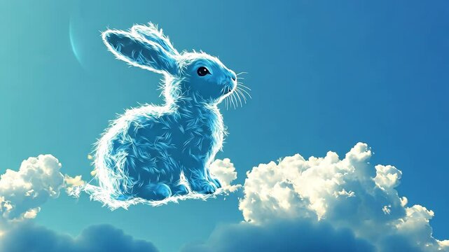 A blue rabbit floats on clouds in a bright blue sky