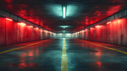 Red and Blue Neon Lights in a Long Tunnel - 3D Illustration