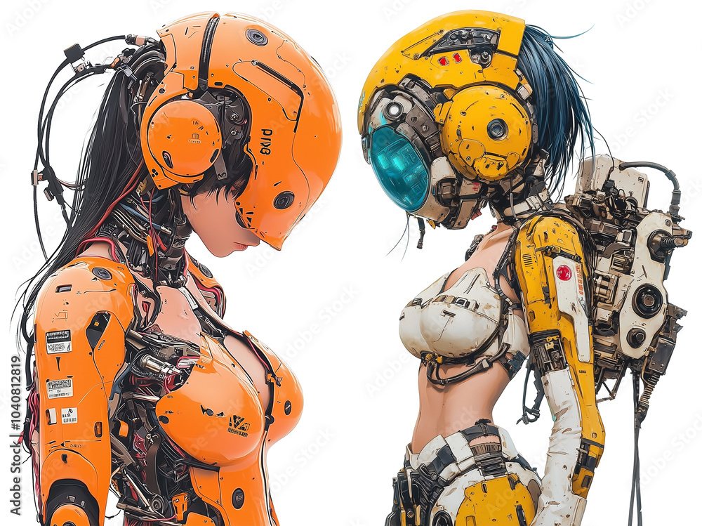 Poster futuristic female robots in vibrant orange and white designs showcase advanced technology and cybern