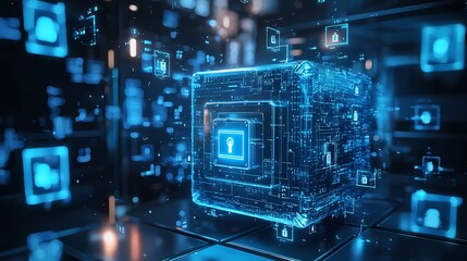 A Glowing Blue Cube with a Lock Icon on a Dark Circuit Board