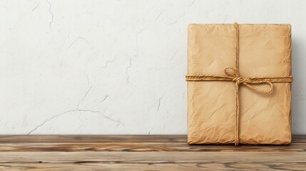A simple cardboard box rests on a rustic wooden table, showcasing its craft appeal against a clean white wall backdrop.