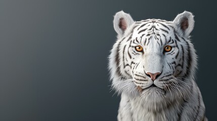 Fototapeta premium Experience the striking beauty of a white Siberian tiger captured in stunning detail against a dark backdrop.