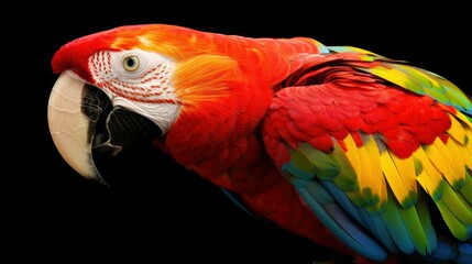Obraz premium Captivating closeup of a vibrant macaw with stunning plumage against a sleek black backdrop. Natures beauty shines bright